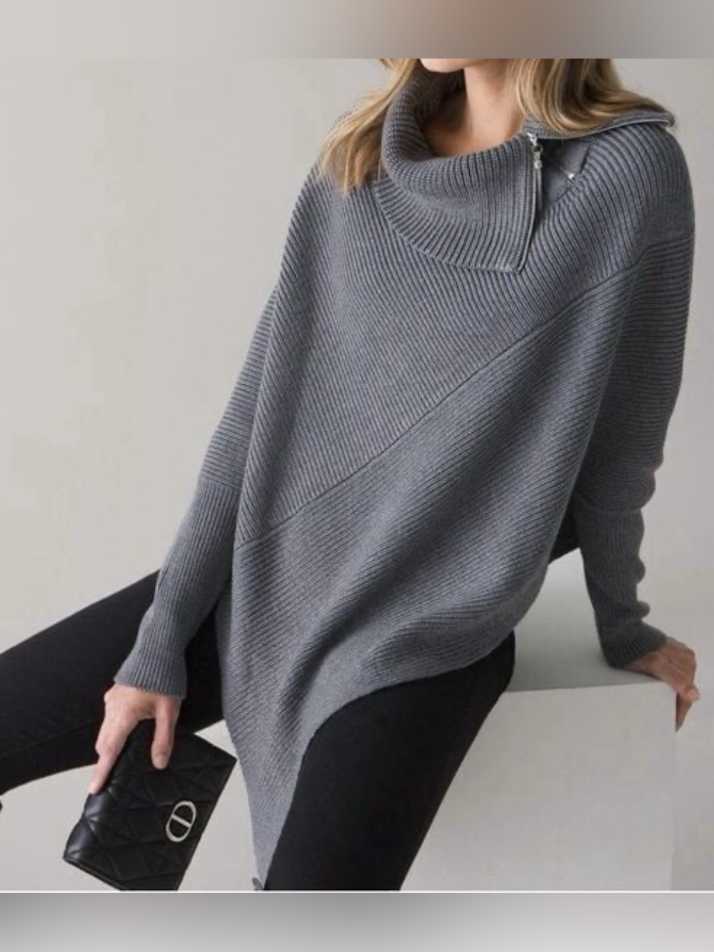 WHBM White House Black Market Grey Ribbed Asymmetric Cowl Poncho Style Sweater